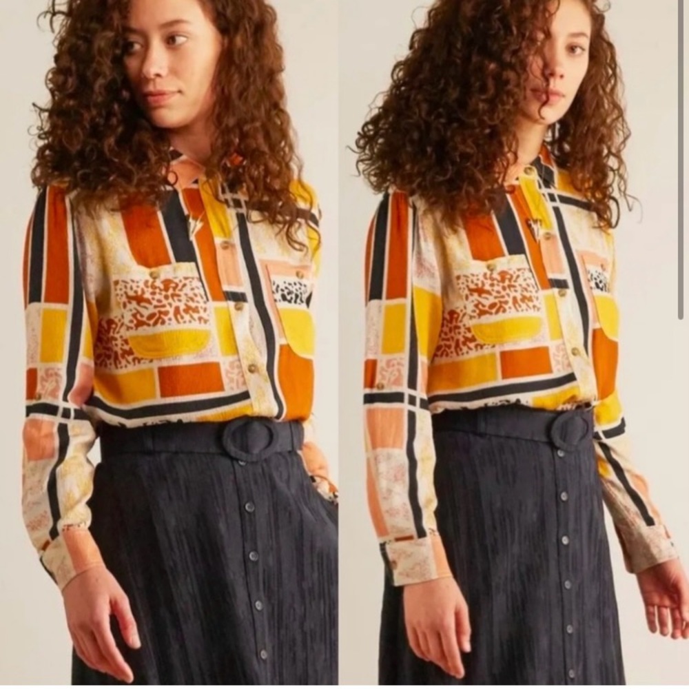 ANTHROPOLOGIE THE ODELLS LISSE GEOMETRIC PRINT BUTTON DOWN UNIQUE BLOUSE TOP